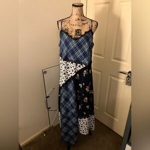 ASOS Blue White plaid floral ditsy mixed pattern Asymmetrical maxi Dress 12 14